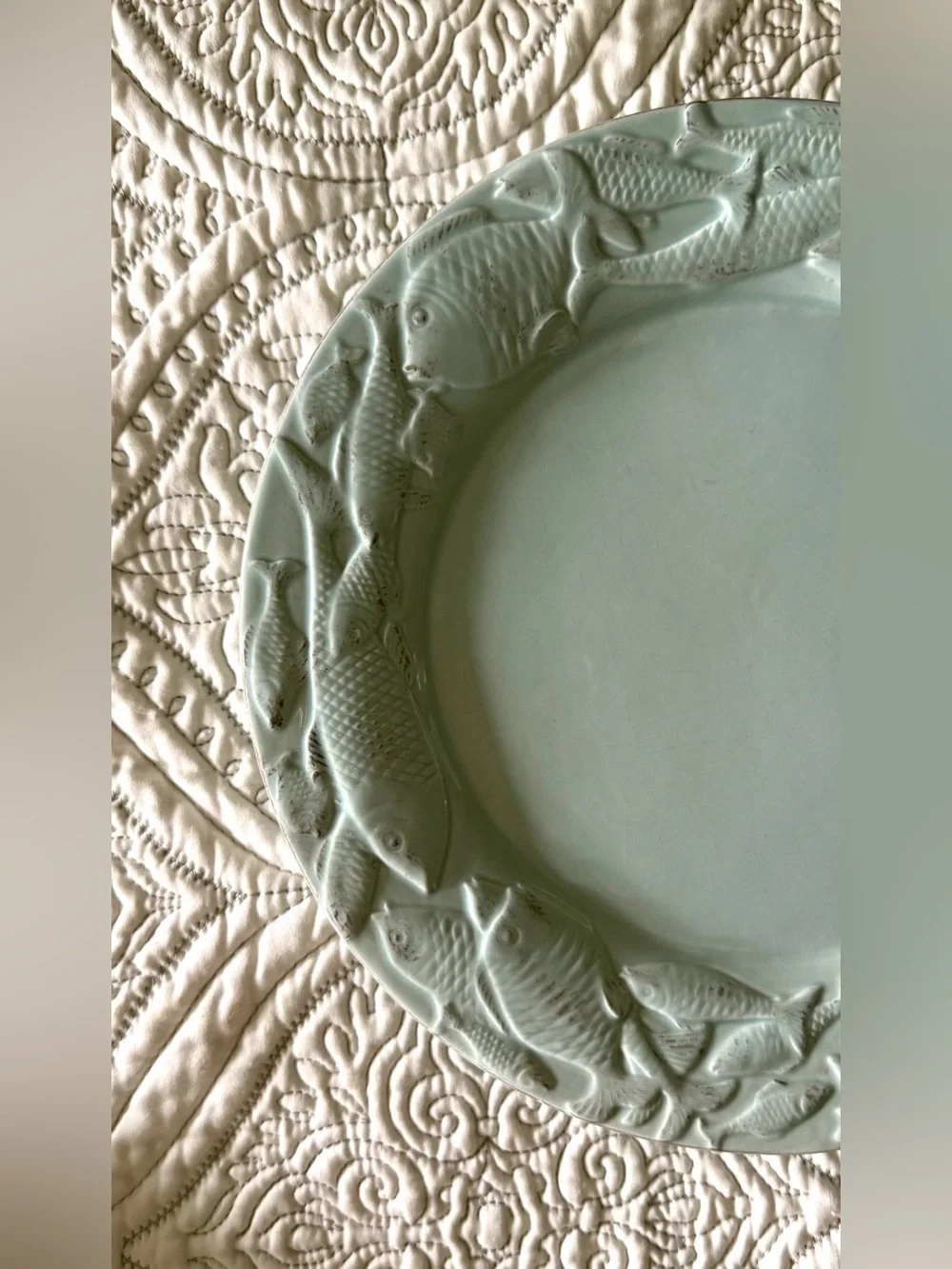 Set of Six Seaglass Blue Fish Motif Plates approximately 10” Diameter